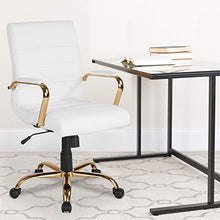 Load image into Gallery viewer, Flash Furniture Mid-Back White LeatherSoft Executive Swivel Office Chair with Gold Frame and Arms