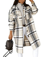 Load image into Gallery viewer, Omoone Women's Classic Woolen Button Down Plaid Long Coat Tartan Shacket Jacket with Pockets(1940-Grey-XXL)
