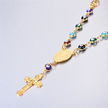 Load image into Gallery viewer, U7 Women Mens 18K Gold Plated Stainless Steel Link Colorful Evil Eye Beaded Rosary Necklace with Crucifix and Medal