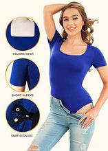 Load image into Gallery viewer, JUEYUN Women Square Neck Bodysuits Short Sleeve Bodysuit Sexy Slim Fit Body Suit Jumpsuit Basic Shirt Tops,Royal Blue,S