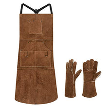 Load image into Gallery viewer, eletecpro Woodworking Apron Heavy Duty Durable - Length 42" 6 Pockets Leather Welding Apron & Welding Gloves Cowhide Fire/Heat Resistant Shop Apron Men/Women(Brown)