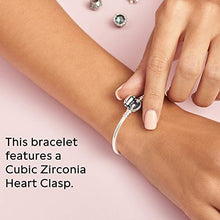 Load image into Gallery viewer, PANDORA Jewelry Moments Sparkling Heart Clasp Snake Chain Charm Cubic Zirconia Bracelet in Sterling Silver, 7.5"