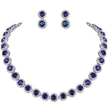 Load image into Gallery viewer, EVER FAITH Silver-Tone Round Cubic Zirconia September Birthstone Row Necklace Earrings Set Blue