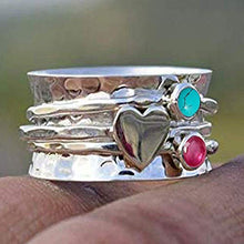 Load image into Gallery viewer, Amethyst and Moonstone Spinner Ring, 925 Sterling Silver Heart Designer Ring, Wide Band Ring, Hammered Meditation Ring (OPTIONS AVAILABLE FOR GEMSTONE & HEART)