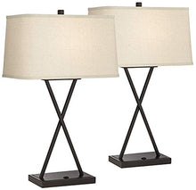 Load image into Gallery viewer, Megan Modern Table Lamps Set of 2 with Hotel Style USB Charging Port LED Bronze Metal Rectangular Fabric Shade for Living Room Bedroom - Franklin Iron Works
