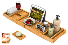 Load image into Gallery viewer, Bath Caddy Tray for Bathtub - Bamboo Adjustable Organizer Tray for Bathroom with Free Soap Dish Suitable for Luxury Spa or Reading