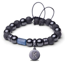 Load image into Gallery viewer, Karseer K Initial Charm Anti Anxiety Gemstone Beaded Bracelet with Pavé CZ Crystal Letter Hematite Magnetic Energy Balance Lava Rock Essential Oil Diffuser Bracelet for Women Men, Adjustable, Black