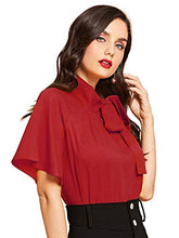 Load image into Gallery viewer, SheIn Women's Casual Side Bow Tie Neck Short Sleeve Blouse Shirt Top Medium Red
