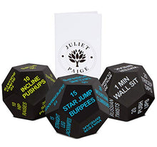 Load image into Gallery viewer, Juliet Paige Exercise Dice Cube for Fitness, Workouts, Crossfit WOD at Home, Cardio, HIIT, and Sports with Exercise Illustration Booklet (Bright Green, Light Blue, and Light Grey)