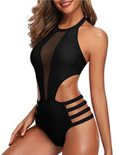 Load image into Gallery viewer, Tempt Me Women One Piece Mesh Swimsuit Black High Neck Halter Cutout Monokini L