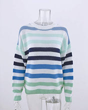 Load image into Gallery viewer, KIRUNDO Women’s Strip Color Block Short Sweater Long Sleeves Stitching Color Round Neck Loose Pullovers Jumper Tops (Medium, 2014-Denim Blue)