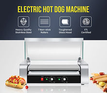 Load image into Gallery viewer, SYBO Hot Dog Roller, 18 Hot Dog 7 Roller Grill Cooker Machine with Removable Stainless Steel Drip Tray and Glass Hood Cover, 1000-Watts, OT-R3-8