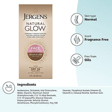 Load image into Gallery viewer, Jergens Natural Glow Self Tanner Face Moisturizer, SPF 20 Facial Sunscreen, Medium to Deep Skin Tone, Sunless Tanning, Oil Free, Broad Spectrum Protection UVA and UVB, 2 oz (Packaging May Vary)