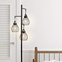 Load image into Gallery viewer, Brightech Teardrop - Floor Lamp Matches Industrial, Farmhouse & Rustic Living Rooms – Standing Tree Lamp with 3 Elegant Cage Heads & Edison LED Bulbs - Tall Vintage Pole Light - Black