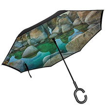Load image into Gallery viewer, Lake Travel Umbrella Various Sized Condensed Rocks in River at Evening Time When Lamps Down Marine Theme Auto Open Close Portable Reverse Umbrellas for Outdoor