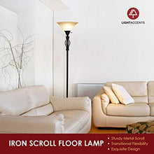 Load image into Gallery viewer, Floor Lamp for Living Room Decor by Light Accents - Tall Floor Lamp Bed Room Decor - Traditional Iron Scrollwork Standing Lamp Pole Light with Alabaster Glass Bowl Shade – 70" Tall- (Bronze)