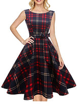 Load image into Gallery viewer, Hanpceirs Women's Boatneck Sleeveless Swing Vintage 1950s Cocktail Dress Redplaid M