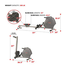 Load image into Gallery viewer, Sunny Health & Fitness Compact Folding Magnetic Rowing Machine with LCD Monitor, Bottle Holder, 43 Inch Slide Rail, 285 LB Max Weight - Synergy Power Motion - SF-RW5801, Silver
