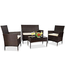 Load image into Gallery viewer, MIERES Patio Furniture Sets 4 Pieces-Sturdy Wicker Outdoor Indoor Conversation Bistro |304 Metal Feet | Bench Seat Two Rattan Chairs One Glass Top Table |for Porch Backyard, Brown