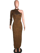 Load image into Gallery viewer, Remelon Women Long Sleeve Shiny Glitter One Shoulder Bodycon Flowy Split Party Maxi Long Dresses Brown M