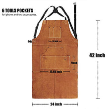 Load image into Gallery viewer, QeeLink Leather Welding Apron - Heat & Flame-Resistant Heavy Duty Work Forge Apron with 6 Pockets, 42" Large & Cross Back Extra Long Strap, Adjustable M to XXXL for Men & Women (Brown)