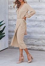 Load image into Gallery viewer, Cutiefox Womens V Neck Bodycon Sweater Dress Tie Waist Long Sleeve Slit Wrap Rib Knit Dresses Khaki L