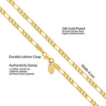 Load image into Gallery viewer, Lifetime Jewelry 4mm Figaro Chain Necklace 24k Gold Plated for Men Women & Teen (Gold, 20)