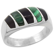Load image into Gallery viewer, Sterling Silver Black Obsidian & Malachite Ring for Men Oval Vertical Stripes Solid Back Handmade, Size 9