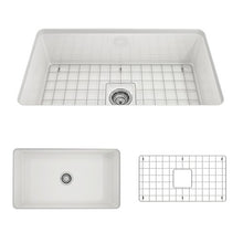 Load image into Gallery viewer, BOCCHI 1362-001-0120 Sotto Undermount Fireclay 32 in. Single Bowl Kitchen Sink with Protective Bottom Grid and Strainer in White