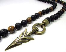 Load image into Gallery viewer, Tiger Eye and Black Lava Stone Necklace,Bronze Arrow-Head,Gift for Men,Men Gemstone Necklace + Gift Box,Mens Beaded Necklace