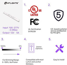 Load image into Gallery viewer, HitLights LED Driver, 60W LED Dimmable Driver Transformer 110-277VAC - 12V 5A DC Electric Dimmable Power Supply for LED Strip Lights, 12V Constant LED Products White
