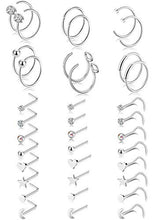 Load image into Gallery viewer, Tornito 20G 36Pcs Stainless Steel L Shaped Nose Ring CZ Nose Stud Retainer Labret Nose Piercing Jewelry (A0:30Pcs, Silver Tone)