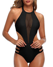 Load image into Gallery viewer, Tempt Me Women One Piece Mesh Swimsuit Black High Neck Halter Cutout Monokini L