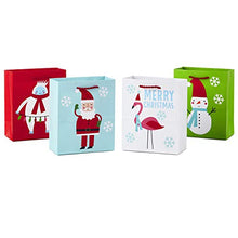 Load image into Gallery viewer, Hallmark 6" Small Christmas Gift Bag Assortment (Pack of 4: Yeti, Flamingo, Santa, Snowman) for Kids, Teachers, Gift Cards