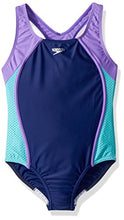 Load image into Gallery viewer, Speedo Girl's Swimsuit One Piece Mesh Splice Thick Strap , Blue Harmony, 7