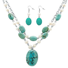 Load image into Gallery viewer, Palm Beach Jewelry Silver Tone Genuine Cultured Freshwater Pearl and Oval Genuine Green Turquoise, Necklace and Earring Set, 17 inches Plus