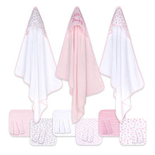 Load image into Gallery viewer, The Peanutshell Hooded Bath Towel and Wash Cloth Set for Baby Girls - 23 Piece Gift Set - Pink Floral & Cheetah Print