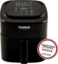 Load image into Gallery viewer, NUWAVE BRIO 6-Quart Digital Air Fryer cooking package with one-touch digital controls, 6 easy presets, precise temperature control, recipe book, basket divider, wattage control, and advanced functions like PREHEAT, REHEAT and more, also includes grill pan