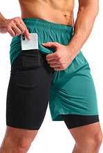 Load image into Gallery viewer, Pudolla Men’s 2 in 1 Running Shorts 7" Quick Dry Gym Athletic Workout Shorts for Men with Phone Pockets(Forest Green XX-Large)
