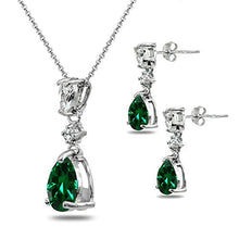 Load image into Gallery viewer, Sterling Silver Synthetic Green Quartz & White Topaz Pear-Cut Teardrop Dangling Stud Earrings & Necklace Set