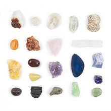 Load image into Gallery viewer, 21 Healing Crystals and Chakra Kit: Amethyst, Selenite, Pyrite, Clear Quartz, Half Geode, Rose Quartz, Citrine, Desert Rose, Agate, Tourmaline and 4 Calcites (Red,Green,Blue,Orange) + 7 Chakra Stones