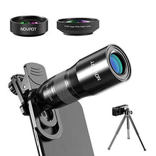 Load image into Gallery viewer, Phone Camera Lens, NOVPOT Pro Phone Lens Kit, 25X Zoom Telephoto Lens, 0.45X Wide Angle Lens & 15X Macro Lens Compatible with iPhone,iPad,Most Android Phones and Smartphones with Tripod