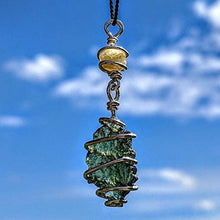 Load image into Gallery viewer, MOLDAVITE & RHODIZITE NECKLACE Wire Wrap 925 Silver on a 19" Durable Black Silk Chain! Metaphysical Reiki Healing Energy Genuine Czech Synergy 12 Crystal Pendant Tektite!