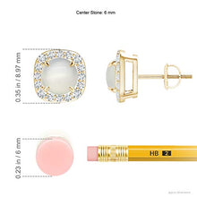 Load image into Gallery viewer, June Birthstone - Claw-Set Moonstone and Diamond Cushion Halo Stud Earrings in 14K Yellow Gold (6mm Moonstone)