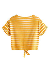 Load image into Gallery viewer, ROMWE Women's Knot Front Long Sleeve Striped Crop Top Tee T-shirt, Yellow & White, Small / US 0-2