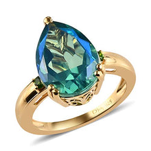 Load image into Gallery viewer, 925 Sterling Silver Vermeil Yellow Gold Plated Pear Peacock Triplet Quartz Chrome Diopside Ring Engagement Wedding Anniversary Bridal Jewelry for Women Size 8 Ct 4.4