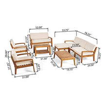 Load image into Gallery viewer, Great Deal Furniture Sally 7-Seater Sectional Sofa Set for Patio with Loveseat, Club Chairs, Ottoman, and Coffee Tables, Acacia Wood, Teak Finish with Beige Outdoor Cushions