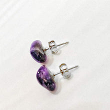 Load image into Gallery viewer, Dark Amethyst Earrings - Sterling Silver Backing - 5-10mm Raw Crystal Studs - Hypoallergenic and Nickel-Free Earrings
