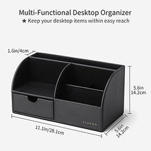 Load image into Gallery viewer, Office Desk Organizer with Drawer, PU Leather Office Supplies Caddy with Pencil Holder and Storage Baskets for Desktop Accessories, 6 Compartments with Drawer, Black