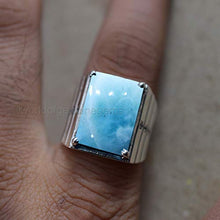 Load image into Gallery viewer, Thanksgiving gift for jewelry, cabochon larimar ring, genuine pectolite larimar ring, solid 925 sterling silver ring, signet heavy silver ring, designer statement ring, men's gemstone ring
